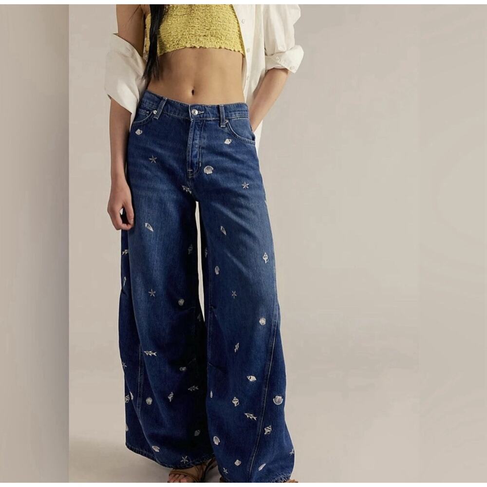 Free People We The Free Westward Under The Sea Wide Leg Jeans Size 32** Nautical - Picture 2 of 16
